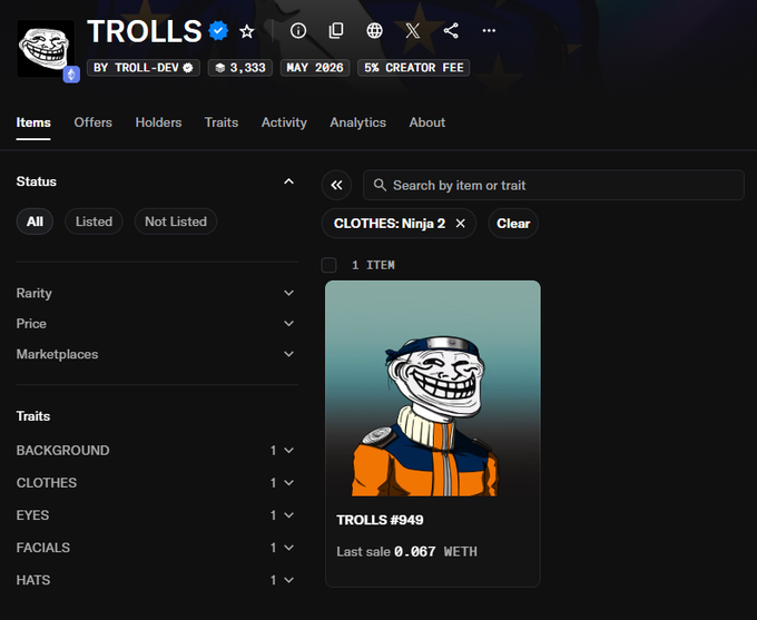 A screenshot of an NFT marketplace listing for a collection called 'TROLLS,' showing a single item, 'TROLLS #949,' with a filter applied for 'CLOTHES: Ninja 2'.