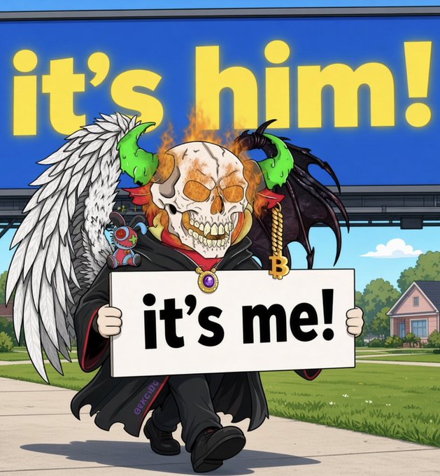 An anime-style illustration of a demonic figure with a flaming skull face, angel and demon wings, and a Bitcoin necklace, holding a sign that reads 'it's me!' with the text 'it's him!' in the background.
