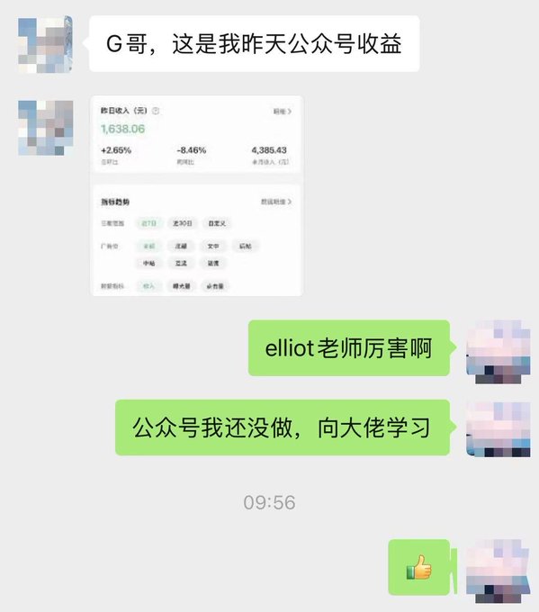 The image shows a WeChat conversation where a user shares a screenshot of their public account (公众号) earnings, displaying yesterday's income of ¥1,638.06 with a +2.65% return ratio and -8.46% withdrawal ratio, alongside 4,385.43 in un-transferred income. The recipient replies enthusiastically in green message bubbles, praising "elliot老师" as impressive, noting they haven't started their own public account yet, and expressing admiration to learn from the "big shot," ending with a thumbs-up emoji at 09:56. This relates to the accompanying post about a fan showcasing their automated public account earnings generated using Grok bot tools.