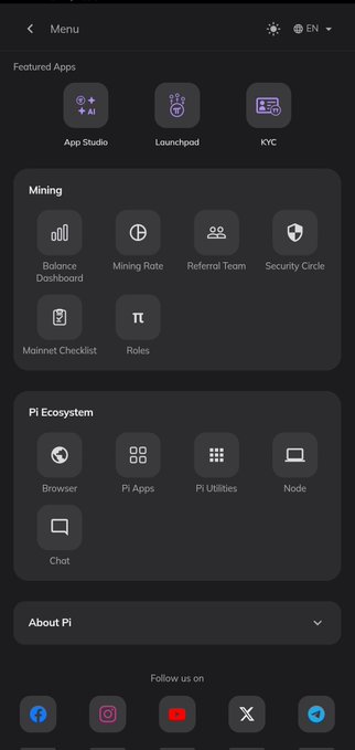 A screenshot of the redesigned Pi Network Menu interface displaying categories including Featured Apps (App Studio, Launchpad, KYC), Mining (Balance Dashboard, Mining Rate, Referral Team, Security Circle, Mainnet Checklist, Roles), and Pi Ecosystem (Browser, Pi Apps, Pi Utilities, Node, Chat), illustrating the new user-friendly layout referenced in the Pi2Day announcement.