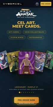 A mobile game promotional graphic for 'AVATAK: THE LAST NARNAGON' by CYBRCEL featuring the text 'CEL ART. MEET CARDS.' and highlighting features like 'HIT CARDS', 'VEVE COLLECTIBLES', 'MORPH MINTS', and 'AUTOGRAPHS' above a 'PRE-ORDER NOW' button.