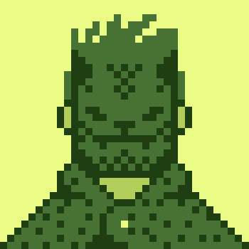 A green pixelated character resembling Frankenstein's monster with a flat-topped head against a yellow background.