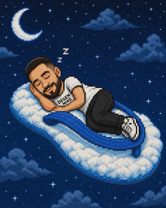 A pixel-art illustration depicts a man with a 'DEGEN MIKE' t-shirt sleeping peacefully on a cloud floating among stars with a crescent moon, 'Z's floating above his head.