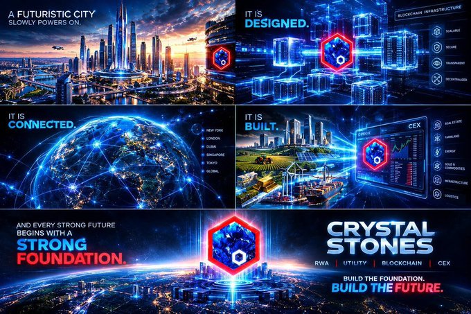 A futuristic cityscape collage showcases "Crystal Stones" branding, highlighting blockchain infrastructure with attributes like "Scalable," "Secure," "Transparent," and "Decentralized," alongside a global network connecting cities (New York, London, Dubai, Singapore, Tokyo) and real-world assets including real estate, farmland, energy, gold, commodities, infrastructure, and logistics. The tagline "Build the foundation. Build the future" reinforces the post's message that a strong future begins with a solid, globally connected foundation.
