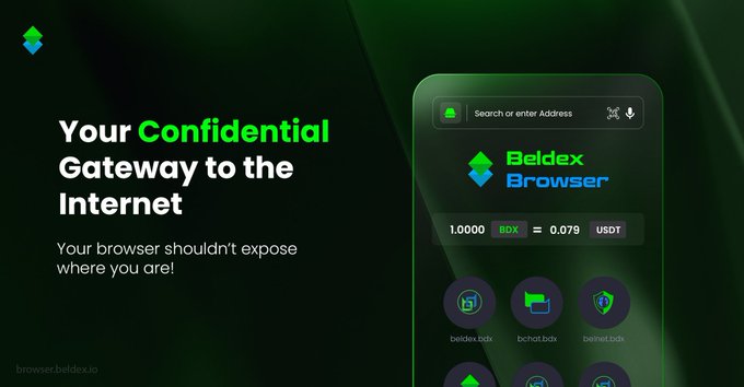 An advertisement for the 'Beldex Browser' describing it as 'Your Confidential Gateway to the Internet', showing a mockup of the browser interface with a BDX to USDT exchange rate.