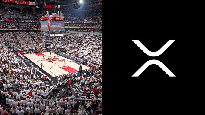 The left side shows a packed basketball arena, likely the University of Louisville's home court, with a large crowd watching the game, while the right side prominently displays the XRP logo on a black background—visually tying Ripple's crypto branding to the sports sponsorship deal mentioned in the post.
