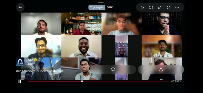 A screenshot of a livestream titled "Arc Minnet launch livestream" featuring a grid of 10 participants from various global locations, with one attendee highlighting Bangladesh as a region represented among the diverse group of builders celebrating Arc's mainnet launch.