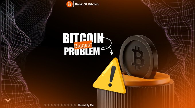 The image features an advertisement for Bitcoin, which has a black background with orange lines and shapes. The main focus of the image is a coin that is placed on top of a brown cylinder or tower. There are two warning signs next to the coin - one yellow triangle with a red exclamation mark inside it, and another yellow triangle with a red exclamation mark outside of it. The text in the image reads "BITTECOIN BIGGEST PROBLEM", which is related to Bitcoin and its biggest problem.