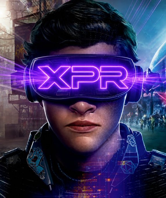 A digital illustration of a young man wearing futuristic glowing purple VR goggles displaying the text 'XPR', set against a cyberpunk cityscape.