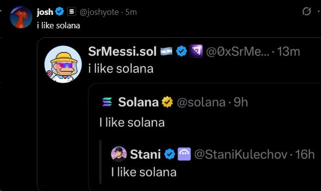 A Twitter/X screenshot showing a thread where users josh, SrMessi.sol, Solana, and Stani Kulechov all post the same message 'I like solana'.