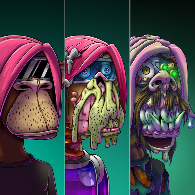 A triptych cartoon illustration showing the progressive transformation of a character wearing a pink hood, from a normal appearance to increasingly grotesque zombie-like states with bulging eyes and melting features.