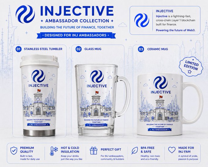 A promotional graphic for INJECTIVE Ambassador Collection drinkware, featuring a stainless steel tumbler, glass mug, and limited edition ceramic mug branded with 'Building the Future of Finance' messaging.