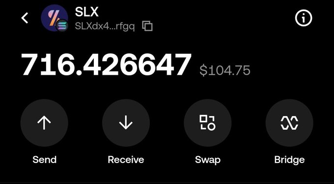 A cryptocurrency wallet app screen showing a balance of 716.426647 SLX tokens ($104.75), with buttons for Send, Receive, Swap, and Bridge.