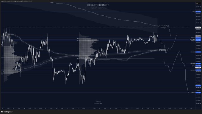 A dark-themed Bitcoin (BTC) chart from Dieguito Charts displays price action against key technical levels including previous week's volume-weighted average price (PWVAH/VWAP) and previous week's point of control (PWPOC), with horizontal support/resistance zones marked around $87,000-$106,000 that align with the trader's plan to hold above key levels for a potential move to the 90-day rolling VWAP or a short opportunity at the 7d/30d rVWAP confluence flip.