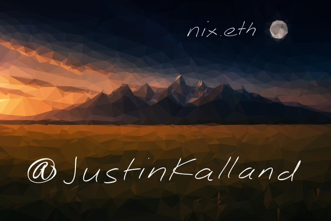 A stylized landscape with mountains under a dark, low-poly sky features a glowing moon and the text "nix.eth" in the upper right, paired with "@JustinKalland" prominently displayed across the bottom. The moody, dusky scene visually echoes the post's reflection on transitioning from the pseudonymous "nix.eth" identity to a personal one, with the fading sunset and distant moon symbolizing the closing chapter of the old handle.