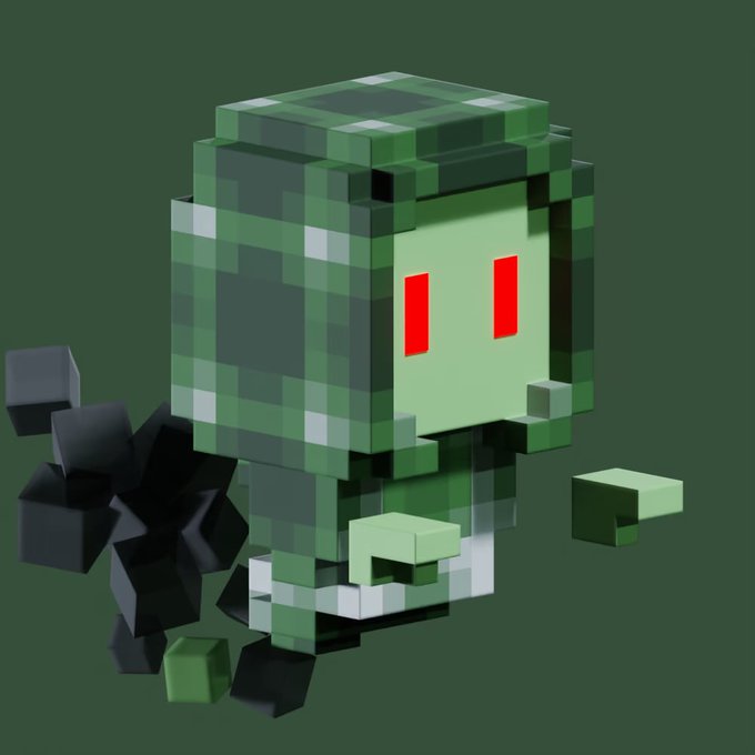 A blocky, voxel-style 3D character with a green hood, pale face, glowing red eyes, and dark spiky protrusions, fitting the Meebit NFT aesthetic referenced in the "minted @MeebitCompany gn" post.