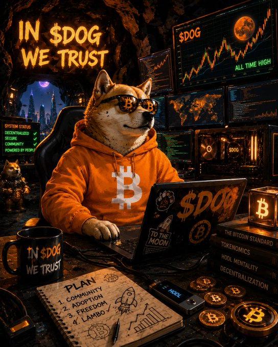 The image depicts a dog wearing an orange hoodie with a white "BT" logo sitting at a desk and working on a laptop, surrounded by various coins, including Bitcoins, scattered around the area. The scene also includes some text that references Bitcoin, such as "In $DOG We Trust", indicating a connection to cryptocurrency or digital assets. This visual representation of a dog's workstation in a Bitcoin-themed setting suggests an interesting juxtaposition of elements and might draw attention to both Bitcoin and the unique bond between humans and dogs.