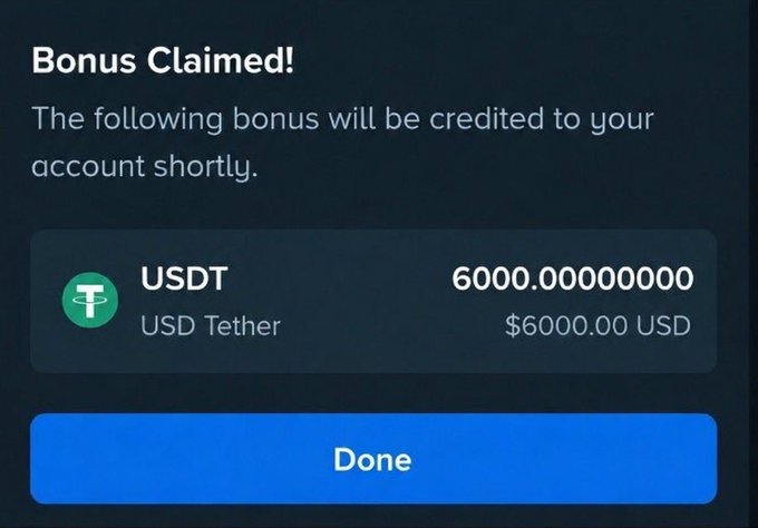 The image shows a "Bonus Claimed!" notification confirming a credit of 6000.00000000 USDT (USD Tether), valued at $6000.00 USD, with a blue "Done" button below.

The image appears to be a screenshot of a large bonus claim notification, likely used to promote the giveaway mentioned in the caption, though the $6,000 amount shown far exceeds the $2,000 total being offered to participants.