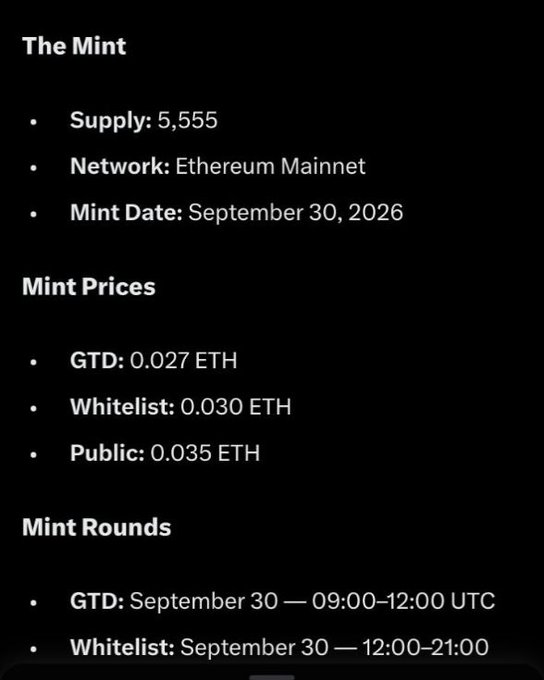 An NFT mint details screen titled 'The Mint' showing supply of 5,555 on Ethereum Mainnet, with mint date September 30, 2026, and tiered pricing: GTD 0.027 ETH, Whitelist 0.030 ETH, Public 0.035 ETH.