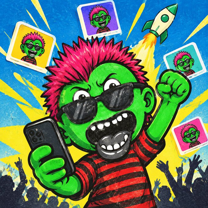 A vibrant cartoon illustration of a green-skinned punk character with spiky pink hair, sunglasses, and a red and black striped shirt, holding a smartphone and cheering, with a rocket and similar character portraits in the background.