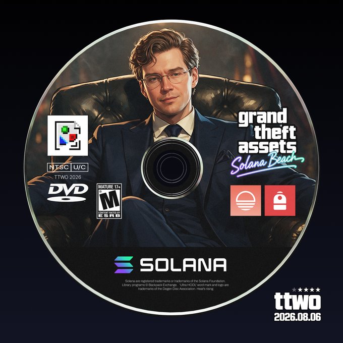 A DVD-style disc artwork features a man in glasses and a suit with the text 'grand theft assets Solana Beach' alongside logos for Solana, ESRB rating, and 'ttwo' dated 2026.08.06.