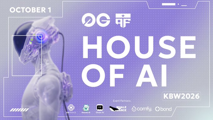 A promotional banner for "HOUSE OF AI" on October 1 with the text "KBW2026", featuring a futuristic purple robotic figure and logos for partners including WhaleDance, Comfy, and Bond.