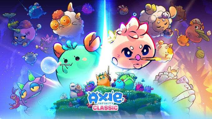 Vibrant promotional artwork for "Axie Infinity Classic" featuring colorful creature characters with the logo prominently displayed, symbolizing the community-driven future of the game as governance transfers to CORC for decision-making on game design and development.