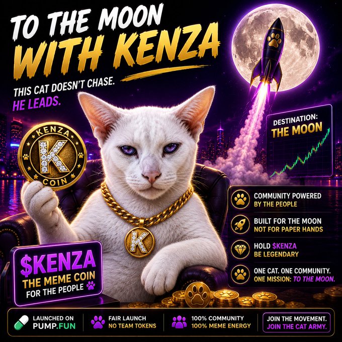 Promotional graphic for '$KENZA' meme coin featuring a white cat with a gold chain, with text 'TO THE MOON WITH KENZA' and 'launched on pump.fun'.