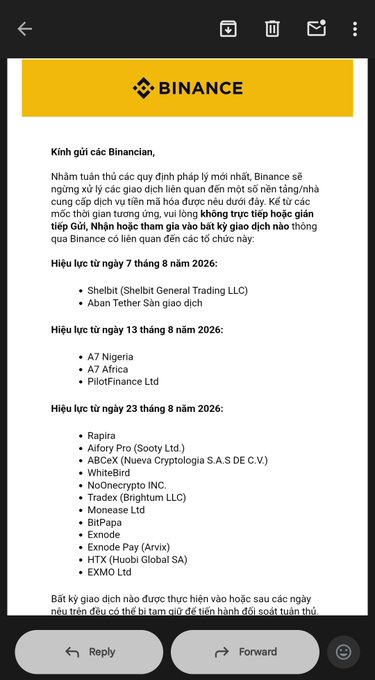 An email from Binance in Vietnamese informing users about new regulatory compliance, listing delisted tokens and services being discontinued in various countries including Nigeria, the UAE, and multiple others, effective August 2026.