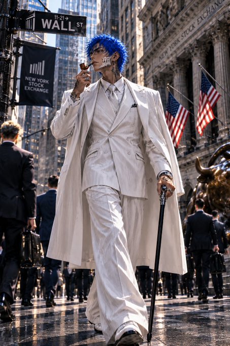 A blue-haired skeletal figure in a pinstriped white suit and long coat walks with a cane near the New York Stock Exchange on Wall St.