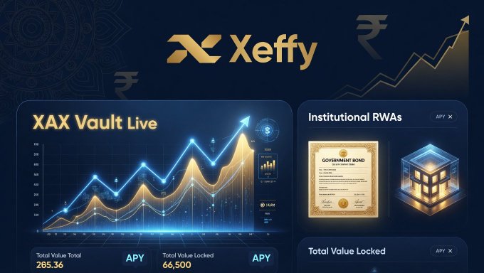 The image shows a promotional poster for the cryptocurrency exchange Xaffy. The poster features two lines - one blue line representing the Xaffy logo, and another yellow line depicting an upward-moving stock graph with "Xaffy" written below. The poster also includes text about live XAX Vault transactions and strategies by Xaffy, which is set against a vibrant blue background adorned with a gold patterned border. In the bottom left corner of the image, there is a text overlay that reads: "Good afternoon, Legends Just stumbled across @Xeffy_io and honestly it looks pretty legit. Live XAX Vault where you drop USDC/USDT and their market-neutral strategies (delta hedging, arb, etc.) just run in the background earning real yield."