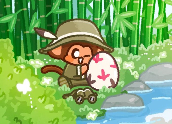 A cute cartoon illustration of a small adventurer with a feathered hat holding a decorated egg, accompanied by a tiny turtle wearing goggles in a lush bamboo forest setting.