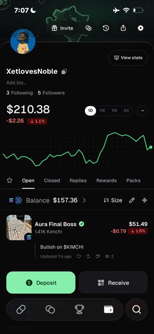 A screenshot of a crypto wallet profile for “$XetlovesNoble” shows a portfolio value of $210.38, down $2.26 (-1.1%), with a $157.36 balance and an “Aura Final Boss” token position worth $51.49. It relates to the accompanying post about a doubled token, though the post’s Solscan transaction link is not visible in the image.