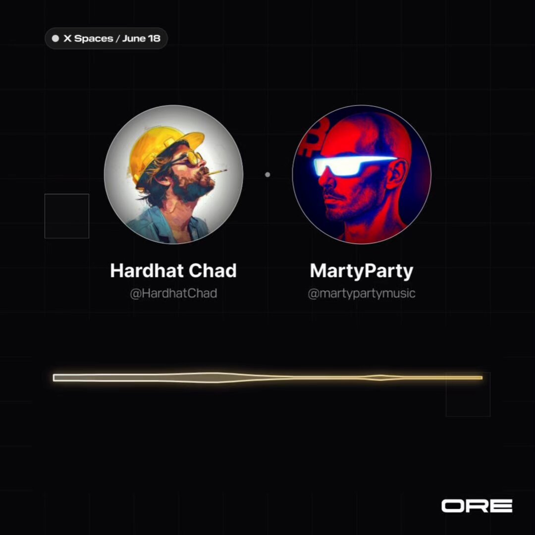 The image features a poster for an event called "Hard Hat Chads" that takes place at a party. The poster includes two men's faces, one wearing a yellow hard hat and the other wearing sunglasses. They are both holding microphones, suggesting they might be hosts or performers at this gathering. The background of the poster is black with white text, which reads: "ORE, from the beginning, has kind of been built and designed by the community. I feel like I offer maybe one out of every five - or two out of every five - ideas that end up making it into the contract."