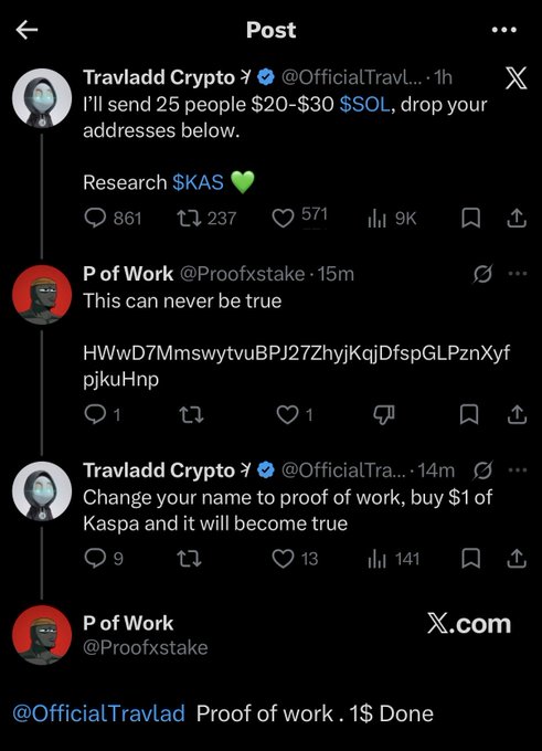 The image shows a Twitter post with three different posts displayed, each containing text about a person named "Travadid Crypto". The first post has a caption that reads "Converting kings from POS to POW one at a time. $KAS". This means that the user is trying to convert their name into Proof of Work (PoW) format for a cryptocurrency called Bitcoin, which involves mining and verifying transactions on the blockchain.