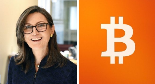 ARK Invest CEO Cathie Wood smiles alongside the Bitcoin logo, highlighting the firm's latest $37 million Bitcoin purchase amid growing institutional accumulation. The image visually reinforces the post's message about major financial players continuing to increase their crypto exposure despite market uncertainty.