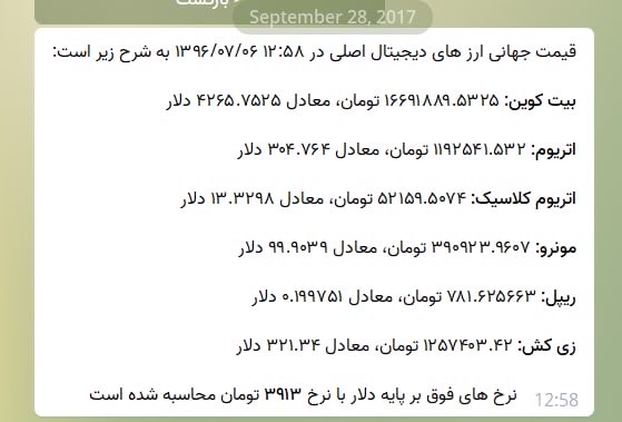 A Persian/Farsi text message dated September 28, 2017, listing global gold ounce prices (Bitcoin Gold) for September 25, 2017, with values for Bitcoin, Ethereum, Litecoin, Monero, Ripple, and Zcash in USD.