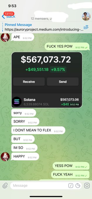 A Telegram chat screenshot showing trader APE celebrating trader POW's $567,073.72 Solana portfolio (worth 6,539.88074 SOL, up $49,551.18 or 9.57%) during the 2021 NFT meta shift to Solana following the Degen Ape mint, with POW gleefully confirming the massive gains.