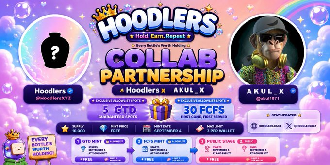 A colorful promotional graphic for the 'Hoodlers x Akul_x Collab Partnership' featuring NFT mint details, with 5 GTD allowance spots and 30 FCFS spots, minting on September 4.