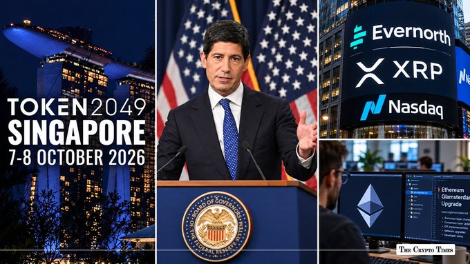 A promotional graphic for 'TOKEN2049 SINGAPORE 7-8 OCTOBER 2026' featuring a collage of crypto-related images including the Marina Bay Sands, a man speaking at a podium, Evernorth and XRP on Nasdaq, and an Ethereum article from The Crypto Times.