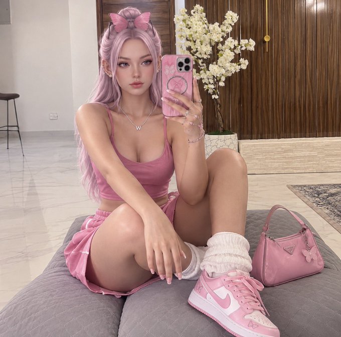 A pink-haired woman wearing a pink butterfly bow, pink top and skirt, white socks, and pink Nike sneakers takes a mirror selfie with a pink phone, holding a matching pink handbag in a modern interior.