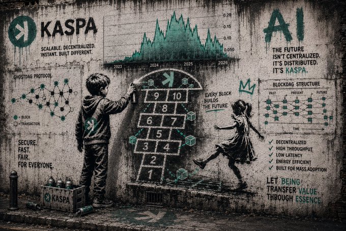A graffiti-style mural promoting 'KASPA' as 'SCALABLE. DECENTRALIZED. INSTANT. BUILT DIFFERENT.' featuring children playing hopscotch, blockchain diagrams, and the message 'AI: THE FUTURE ISN'T CENTRALIZED. IT'S DISTRIBUTED. IT'S KASPA.'