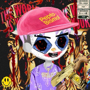 A vibrant, stylized digital artwork features a character with a cartoonish skull-like face wearing a pink 'Psycho Bimbo' cap and holding a gold pistol, with 'Bitcoin Accepted' payment badges in the corner.