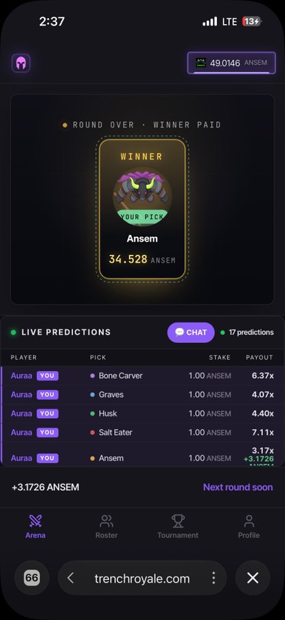 The image shows a mobile screenshot from trenchroyale.com displaying a "WINNER PAID" notification with "Ansem" as the winning pick at 34.528x payout, alongside the user's live predictions including their winning "Ansem" pick that paid +3.1726 ANSEM, totaling 49.0146 ANSEM in their balance. The post congratulates someone on their winnings, which directly corresponds to the visible winning prediction on the Ansem pick.