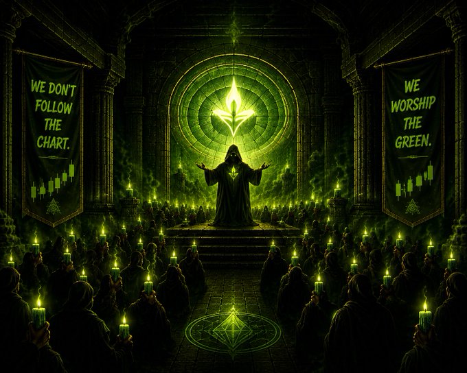 Dark fantasy artwork of a hooded figure standing before a glowing green emblem with arms raised, flanked by banners reading 'WE DON'T FOLLOW THE CHART.' and 'WE WORSHIP THE GREEN.', while a cloaked congregation holds green candles below.