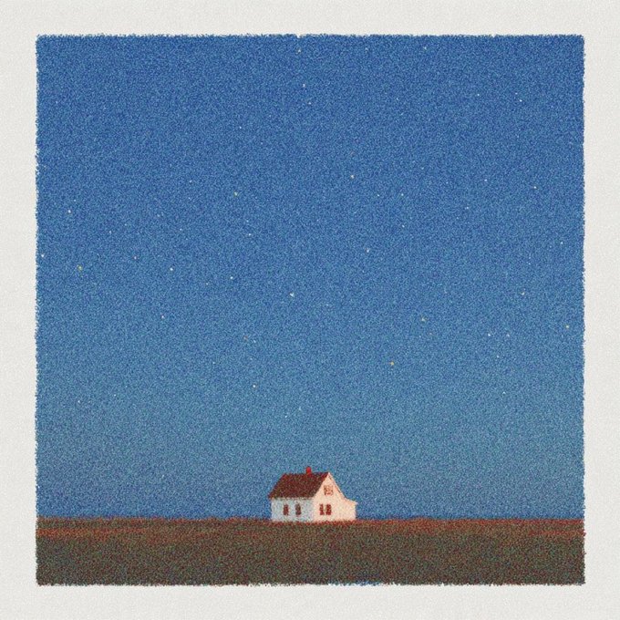 A grainy, textured illustration of a solitary small house under a vast starry blue night sky.