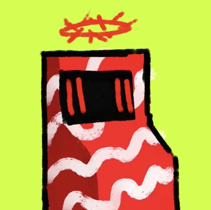 A simple digital painting with a bright yellow-green background depicting a red rectangular figure featuring white wavy lines and a dark rectangular window/face area, topped with a red sun-like symbol with rays.