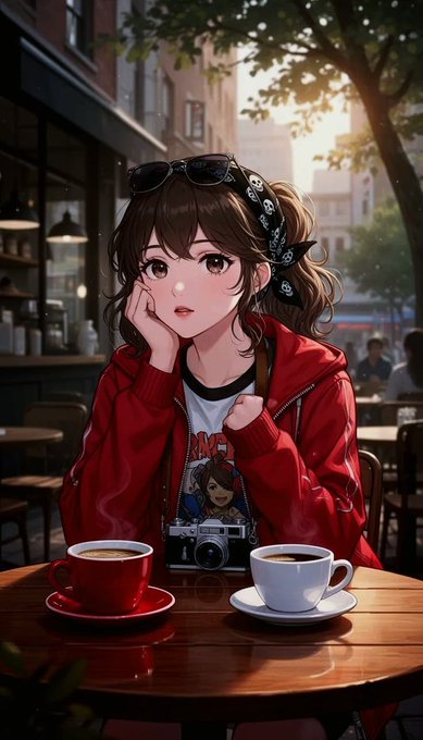 An anime-style illustration of a young woman with brown hair and a red jacket sitting at a café table with two cups of coffee, a camera resting on the table in front of her.