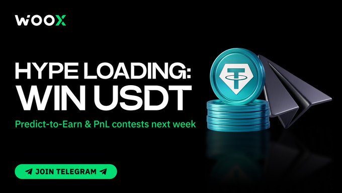 The image features a poster for a cryptocurrency exchange called Woox. The poster includes a blue coin with a white logo that reads "TFT" and a stack of blue coins, possibly representing Bitcoin or another cryptocurrency. The text on the poster announces a contest where users can win USDT tokens by predicting the exact scores of football games. The poster also mentions joining the Telegram community to participate in the contest.