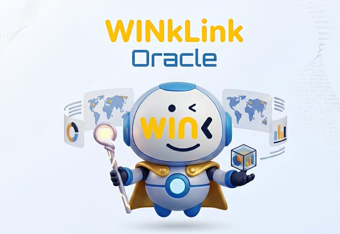 The image features a cartoon mascot with a winking eye and "WIN" on its body, holding a staff and cube, beneath the "WINkLink Oracle" logo, with floating holographic screens displaying world maps and charts symbolizing global data integration. It visually represents the post's message about consolidating all oracle configurations into one accessible place, much like having all assembly instructions in a single booklet rather than scattered across multiple languages.